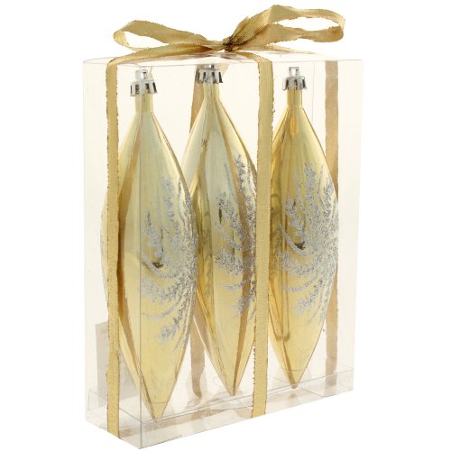 WeRChristmas 16 cm Large Deluxe Gold Double Tip Christmas Tree Baubles with Glitter Snowflake, Set of 3