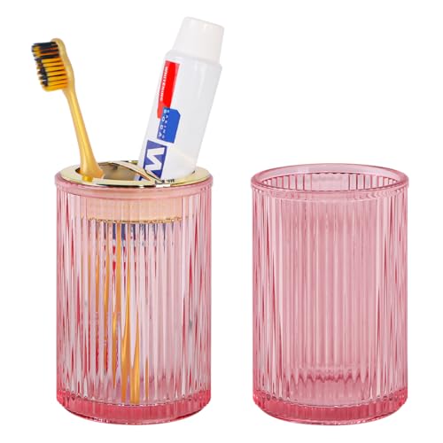 Tonxus Pink Toothbrush Holders for Bathrooms, 2pcs Glass Toothbrush Holder, 12oz Gold Bathroom Tumbler Cup and Mouthwash Cup, Tooth Brush Cups and Toothpaste Organizer for Bathroom Countertop Decor