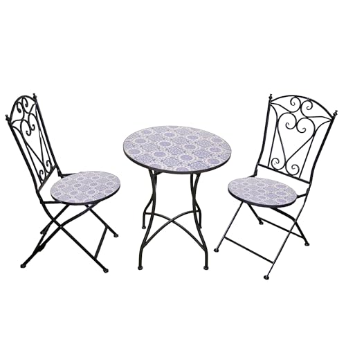 Mosaic Bistro Set 3 Pieces - 2 Folding Chairs and Round Table 60cm Porto Metal Outdoor Garden Furniture Set for Balcony, Terrace, Porch, Outdoor Dining