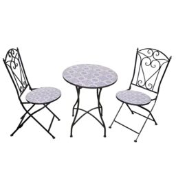 Mosaic Bistro Set 3 Pieces - 2 Folding Chairs and Round Table 60cm Porto Metal Outdoor Garden Furniture Set for Balcony, Terrace, Porch, Outdoor Dining