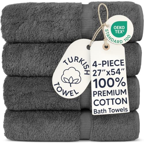 Chakir Turkish Linens 100% Cotton Premium Turkish Towels for Bathroom - 27'' x 54'' (4-Piece Bath Towels - Dark Gray)