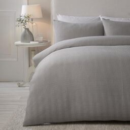 Lindly Serene Silver Waffle Duvet Cover - Single Size (140 x 200cm), Soft Touch, Luxury Bedding, Grid Pattern, Square Puckered