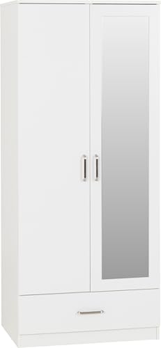 Seconique Dakota 2 Door 1 Drawer Mirrored Wardrobe In White