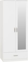Seconique Dakota 2 Door 1 Drawer Mirrored Wardrobe In White