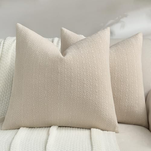 FUTEI Beige Chenille Throw Pillow Covers 20x20 Inch Set of 2,Luxuriously Soft Argyle Textured Cushion Cases,Modern Home Decor for Couch Living Room