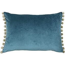 "Riva Paoletti Fiesta Rectangular Feather Filled Cushion Blue Beige Pompom Edges-Faux Velvet Fabric-Discreet Zip Closure-100 Case (14"" x 20"" inches), Polyester, Duck Egg/Natural, 35 x 50cm"