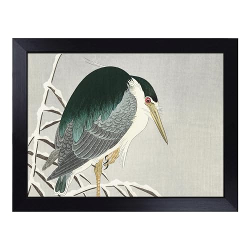 Lap Tray with Bean Bag Cushion, A Heron In The Snow By Ohara Koson - Handmade in the UK, Raised Wooden Edge, Padded Cushion, Heat-Resistant Wipe-Clean Surface, for Meals, Laptops and Crafts