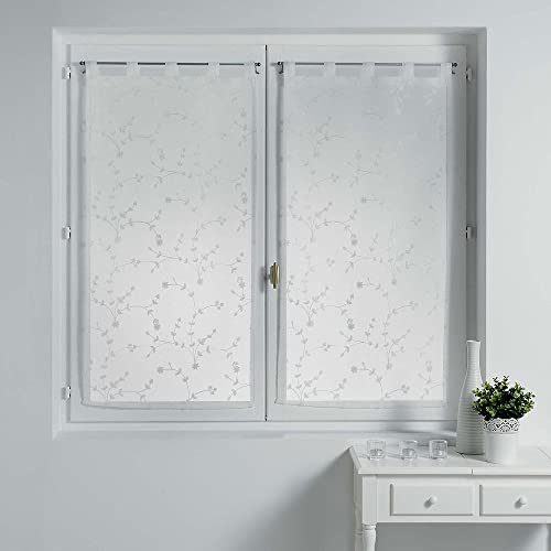 Douceur d'Intérieur, Pair of Net Curtains with Loops (2 x 60 x 160 cm) Small White Flower, Sandblasted Embroidered Voile