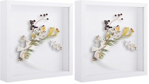 ASelected 3D Shadow Box Frame, White 8x8 inch Picture Frame 1.2 Inch Deep Box Frames Wooden Display Box for Crafts, Photos, Artworks, Bouquet, Memory Tickets (Pack of 2)