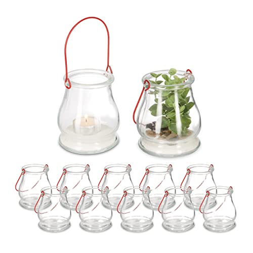 Relaxdays Candle Lanterns, 10% iron 90% glass, Clear/Red, 10 x 8.5 cm