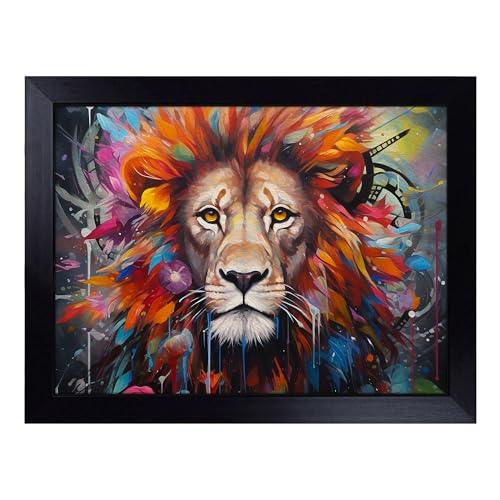 Lap Tray with Bean Bag Cushion, Lion Dadaism Art - Handmade in the UK, Raised Wooden Edge, Padded Cushion, Heat-Resistant Wipe-Clean Surface, for Meals, Laptops and Crafts
