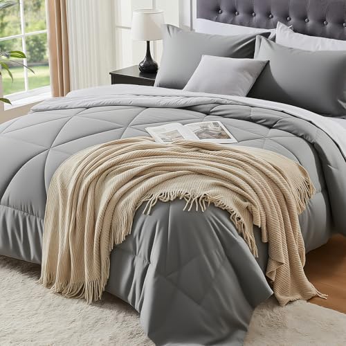 BEDELITE Queen Comforter Set 7 Pieces Bed in A Bag - Soft Microfiber Reversible Grey Bed Set with Comforters, Sheets, Pillowcases & Shams, Cozy Luxury Bedding Sets for All Season