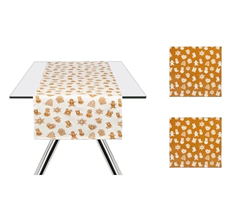Excelsa Wonderful Ginger 100% Cotton Orange Christmas Table Runner and Napkins 145 x 45 cm and 2 Napkins 45 x 45 cm for Breakfast and Lunch