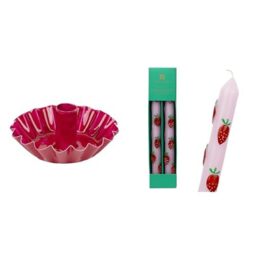Pink Scalloped Metal Candle Holder & Strawberry 3D Dinner Candles Bundle