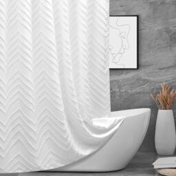 TURKIO Extra Long Tufted Herringbone Pattern Stripe Fabric Shower Curtain for Bathroom, Shabby Chic Modern Waterproof Shower Curtain with Hooks, 6x7 ft, White