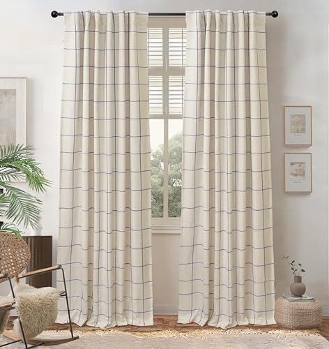 DriftAway 100% Blackout Plaid Curtains 102 Inches Long 2 Panels Navy Blue - 100% Blackout, Linen Texture, Plaid Pattern, Two Layers, Rod Pocket & Back Tab, Bedroom Living Room Use, Luxury Appearance
