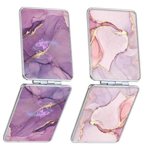 dcdcee Pocket Mirror, Small Travel Mirror with Magnification, Portable Double-Sided Magnifying Cosmetic Mirror for Daily (Pink + Purple Marble)