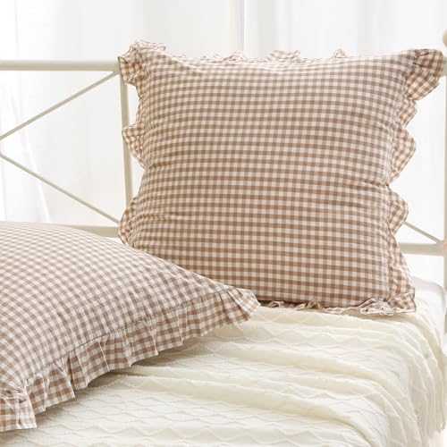 K MASANIJI 2 Pack Taupe White Plaid Ruffle Gingham Throw Pillow Covers, 100% Washed Cotton Checkered Farmhouse Decorative Pillow Shams for Bed/Sofa Zipper Closure - 22''x22''