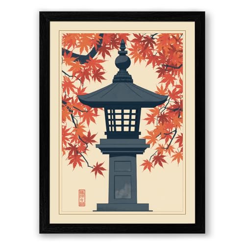 Autumn Stone Lantern Japandi Framed Wall Art Print A4 (29.7×21cm) Black, Wall Decor for Living Room, Bedroom, Office & Home, Ready to Hang, Art Gift