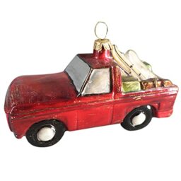 Silverado Christmas ornament made of glass, red pickup with ski equipment