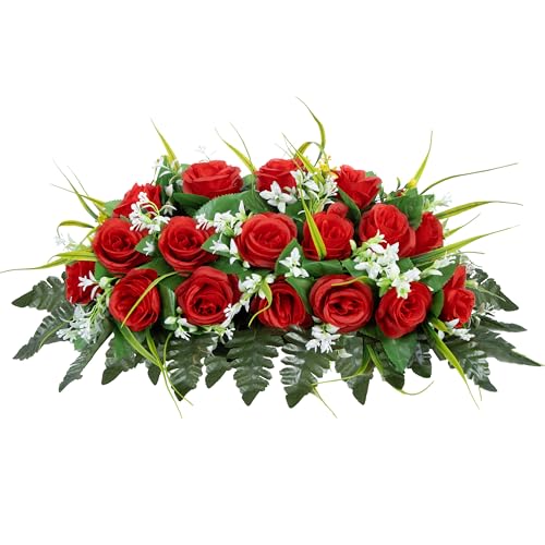 MOOMASS Cemetery Headstone Flower Saddle - Artificial Cemetery Flowers Rose, Grave Decoration???Non-Bleed Colors, and Easy Fit (red, Saddle)