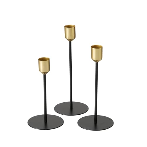 Boltze Cosima 2049897 Candlestick Set of 3 Black/Gold Modern Design for Taper Candles, Candle Holder, Candle Accessories)