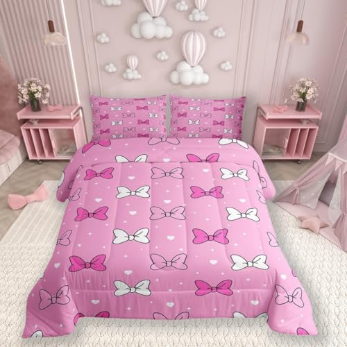 Bowknot Kids Comforter Set Full Size,Bow-tie Starry Sky Love Heart Romantic Bedding Set,Children Girls Women Room Decor,Castle Princess Cartoon Down Comforter,Pink Cute Duvet Insert,2 Pillowcases
