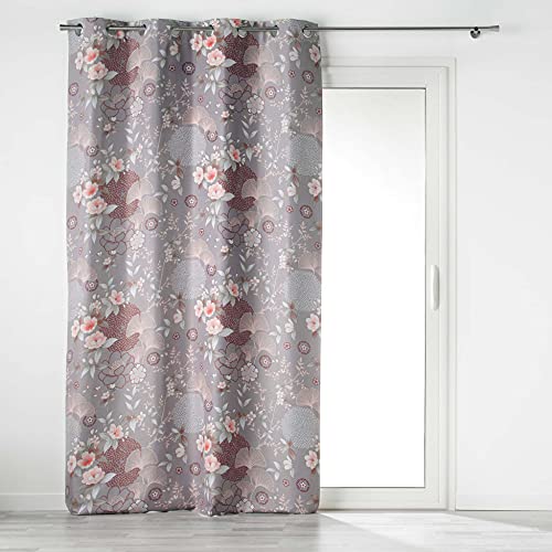 Douceur d'Intérieur, Eyelet Curtain 135 x 260 cm 100% Opaque Microfibre Printed Yokahama Grey