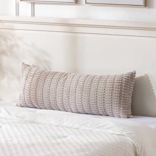 Fancy Homi Taupe Long Lumbar Decorative Throw Pillow Covers 14x36 Inch for Bed Couch Bed Sofa, Rustic Farmhouse Boho Room Decor, Soft Striped Corduroy Rectangle Cushion Case 35x91 cm