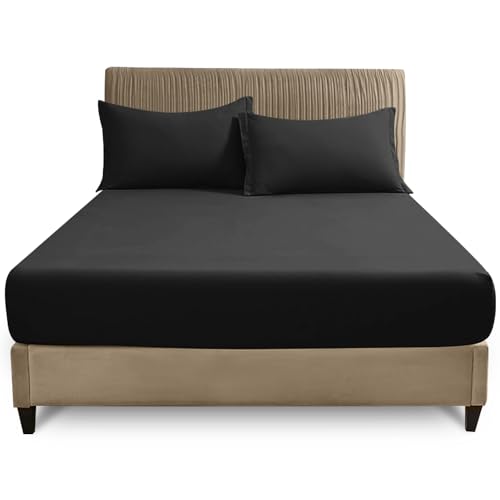 GC GAVENO CAVAILIA Single Fitted Sheet 25cm Deep - Black Polycotton Bed Sheet - Soft & Breathable Easy Care Bedding with Elastic Corners - Single Mattress Bottom Sheet - (90 x 190 cm)