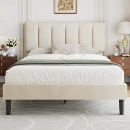 Zinus Piper Bed 140 x 200 cm, hoogte 30 cm, gevoerd bedframe met hoofdeinde, houten lattenbodem, geen boxspring nodig, crème, gebroken wit