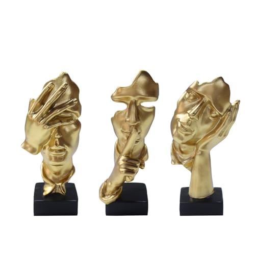 aboxoo 3 Pcs Thinker Statue, Silence is Gold Abstract Art Figurine, No Hear No See No Speak Modern Home Resin Sculptures Decorative Objects Modern Decor for Creative Room Home, Office Study (Gold)