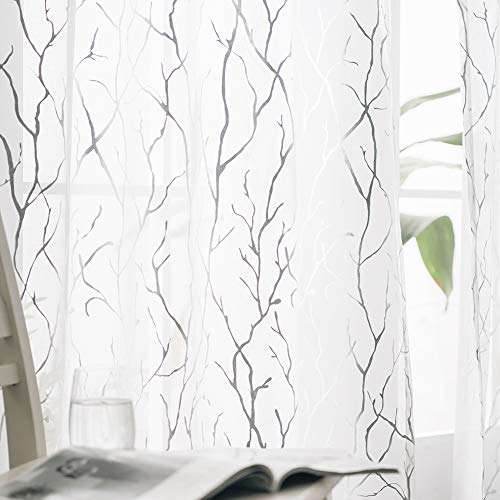 FINECITY Tree Curtains for Nursery Room 63 Inches Length - Rod Pocket White Sheer Curtains with Silver Branch Pattern Window Curtains for Bedroom, 52 x 63 Inch, 2 Panels, White and Silver