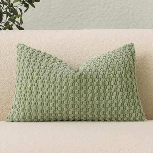 UGASA 14x24 Inch Pillow Cover Pack of 1 Soft Boho Stripe Corduroy Long Rectangle Lumbar Cushion Cover Farmhouse Decorative Throw Pilowcase for Bed, Couch, Sofa, Bedroom, Living Room, Sage Green