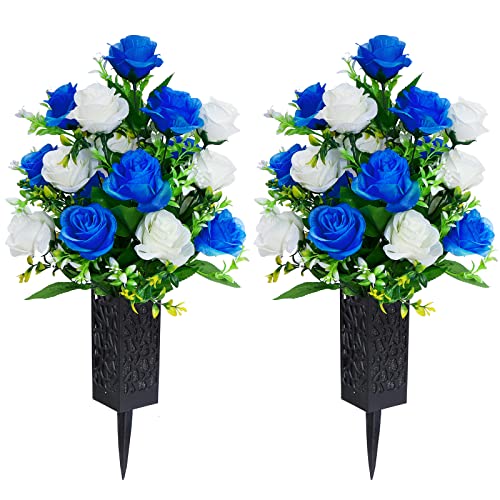 LVXINLI 2 Sets Artificial Cemetery Flowers with vase-Beautiful Arrangements for Headstones -Memorial Flowers,Black Plastic vase with Drainage Hole Long Spikes Outdoor Memorials(Dark Blue)