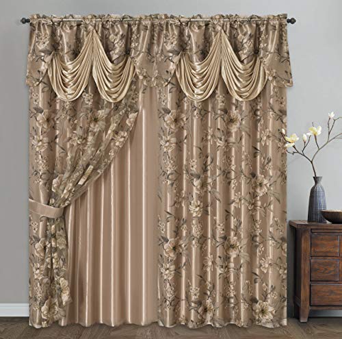 GOHD Roman Romance. Burnt-Out Printed Organza Window Curtain Panel Drape with Attached Fancy Valance and Taffeta Backing (SAND, 55 x 84 inches + attached valance x 2pcs)
