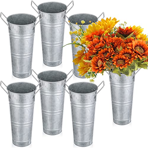 6 Pcs Flower Buckets Bulk Galvanized Metal Vase Bucket with Handles Planter French Table Decor Centerpiece Farmhouse Florist Galvanized Cut Flowers Rustic Vase for Wedding Home (9 Inch, Sliver)