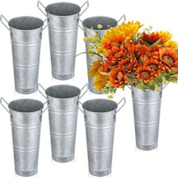6 Pcs Flower Buckets Bulk Galvanized Metal Vase Bucket with Handles Planter French Table Decor Centerpiece Farmhouse Florist Galvanized Cut Flowers Rustic Vase for Wedding Home (9 Inch, Sliver)