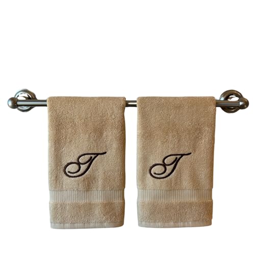 Decorvo Beige Monogrammed Hand Towels for Bathroom - Luxury Hotel Quality Personalized Initial Embroidered Towel for Powder Room, Spa - GOTS Organic Certified - Set of 2 Brown Letter T
