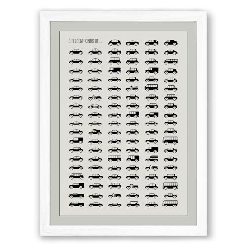 Modern Cars Reference Chart Graphic Design Framed Wall Art Print A2 (59.4×42cm) White, Wall Decor for Living Room, Bedroom, Office & Home, Ready to Hang, Art Gift