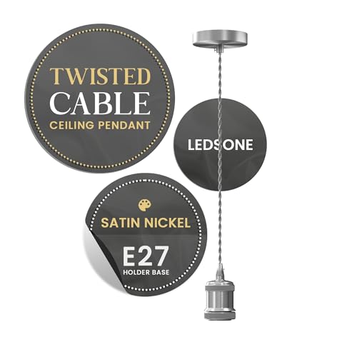 LEDSone Vintage Satin Nickel E27 Pendant Light Fitting Twisted Braided Cable Ceiling Lamp Holder Kit Adjustable Hanging Lighting for Kitchen Island Dining Room Bar Cafe Loft