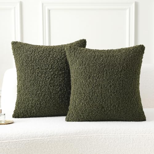 FUTEI Pack of 2 Faux Fur Teddy Boucle Pillow Covers 26x26 Inch, Olive Green - Soft Fluffy Decorative Textured Neutral Pillow Covers, Machine Washable,Accent Solid Couch Pillows Sofa Bed Home Living Room