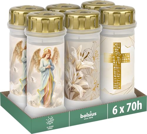 Bolsius - Grave Candle no. 6 + lid - with Motif - 6 Pieces - Burning time 70 Hours - Contains Natural Plant Wax - Palm Oil Free, Glossy