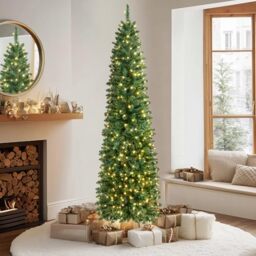 VeryMerry 5FT Pre Lit Christmas Tree Aspen Slim Pencil Tree with 200 Built-In Warm White LED Lights with Auto-Off Timer, 8 Lighting Modes and Foldable Metal Stand