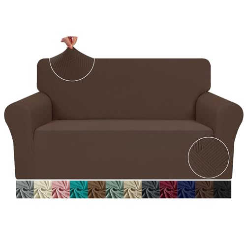 JIVINER Loveseat Slipcovers, 1 Piece Stretch Couch Covers for 2 Cushion Furniture Protector with Elastic Bottom for Kids Pets Jacquard 2 Seater Sofa Cover (Loveseat, Coffee)