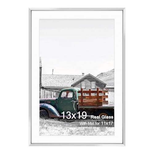 Golden State Art, 13x19 Silver Picture Frame Displays Photo 11x17 with Mat or 13 x 19 Without Mat for Wall Mounting, Classic Satin Aluminum Frames with Real Glass (Pack of 1)