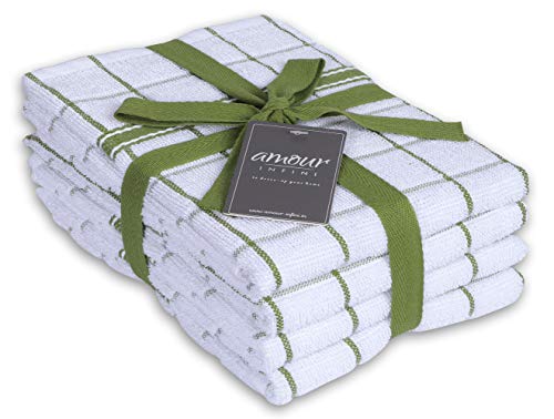 AMOUR INFINI Terry Kitchen Towels - Set of 4 - 45 x 70 cm - Ultra Soft and Absorbent -100% Cotton Dish Towels with Hanging Loop - Perfect for Household and Commercial Uses - Green