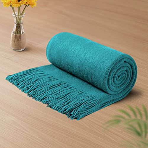 Vonty Teal Knitted Throw Blanket with Tassels Fringe, 50x60 Acrylic - Super Soft And Lightweight, Year-Round Cozy Warmth, Farmhouse Decorative Style, Machine Washable, for Couch, Sofa or Bed