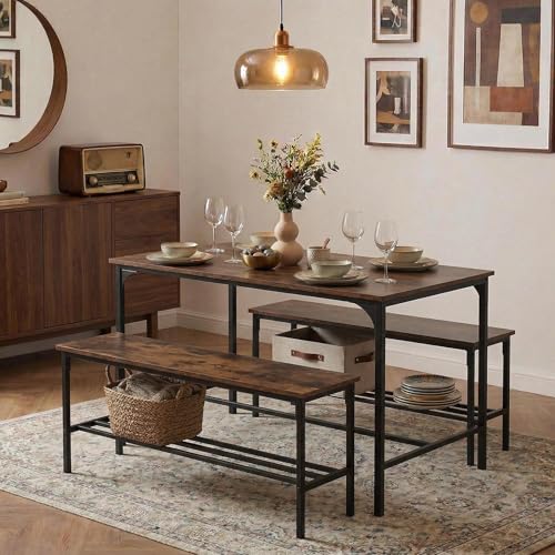 FurnitureR Ractangular Dining Table with 2 Benches, 3 Piece Set, Kitchen Table of 70 x 110 x 74 cm,2 Benches with Storage Shelf 30x100x45cm,Steel Frame, Industrial Design, Rustic Brown and Black