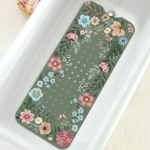 Bathtub Mat Non Slip, Bohemia Extra Long Bath tub Mat Shower Floor Mat with Suction Cups and Drain Holes for Adults Kids Elderly 39.5 X 15.8 Inch